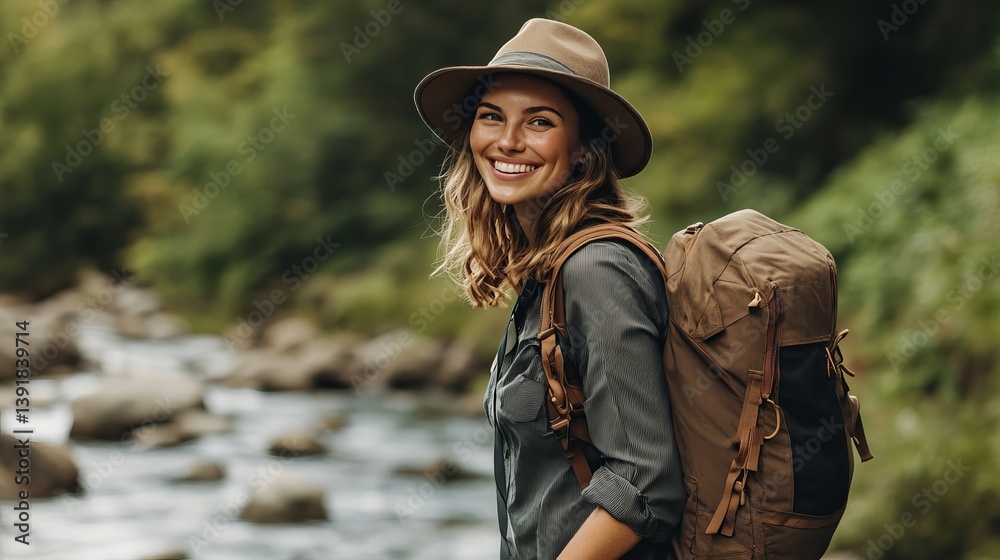 Naklejka premium Smiling woman with backpack and hat near river surrounded by trees on outdoor adventure trip in nature