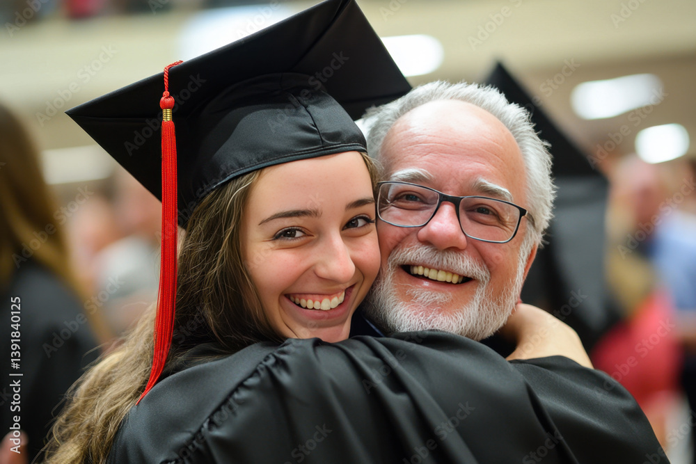 Fototapeta premium Graduate girl in gowns and caps with tassels hugs her father. End of study, graduation.