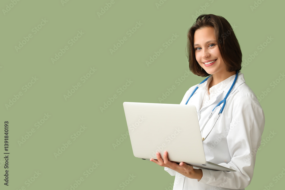 Beautiful female doctor with modern laptop on green background Beautiful female doctor with modern laptop on green background