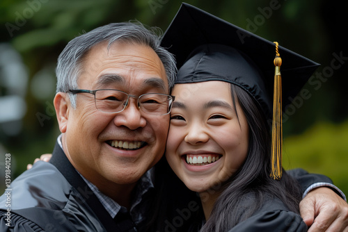 Asian girl graduate in gowns and caps with tassels hugs his dad. End of study, graduation.