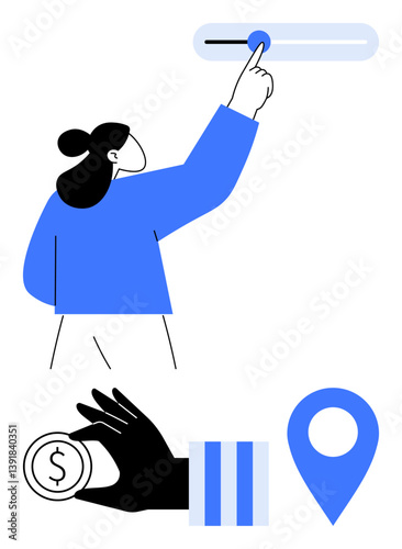 Woman interacts with slider to adjust settings. Hand holds coin, location marker, and progress bar emphasize control, planning, and finance. Ideal for apps, analytics, budget navigation
