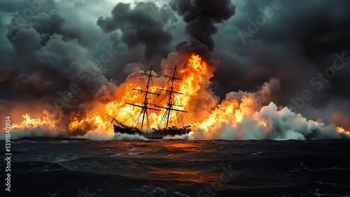 Burning ship engulfed in flames amidst stormy sea