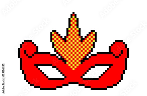 Carnival mask red with decorations, pixel drawing of carnival mask. For embroidery, design, children's creativity. Mosaic.