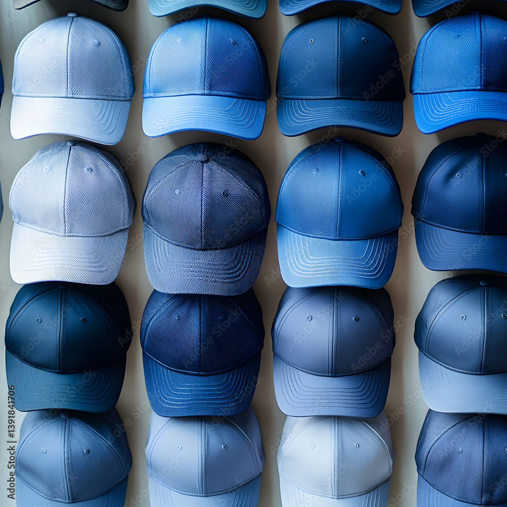Arrangement of various shades of blue baseball caps displayed in neat rows on a neutral background wall Arrangement of various shades of blue baseball caps displayed in neat rows on a neutral background wall