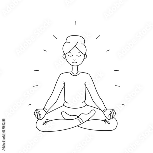 Person sitting in lotus position. Kundalini Yoga Meditation body pose. Human with closed eyes shiny aura wearing withe clothes and turban. Outline cartoon vector illustration