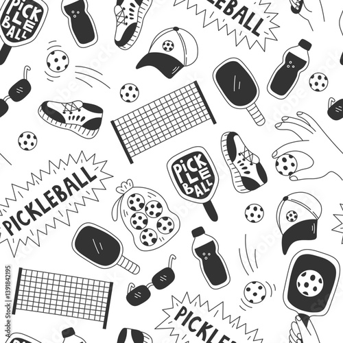 Pickleball Doodle Seamless Pattern. Comic Sports Ball Game Background with line sketch cartoon elements equipment tools uniform. Repeat vector illustration