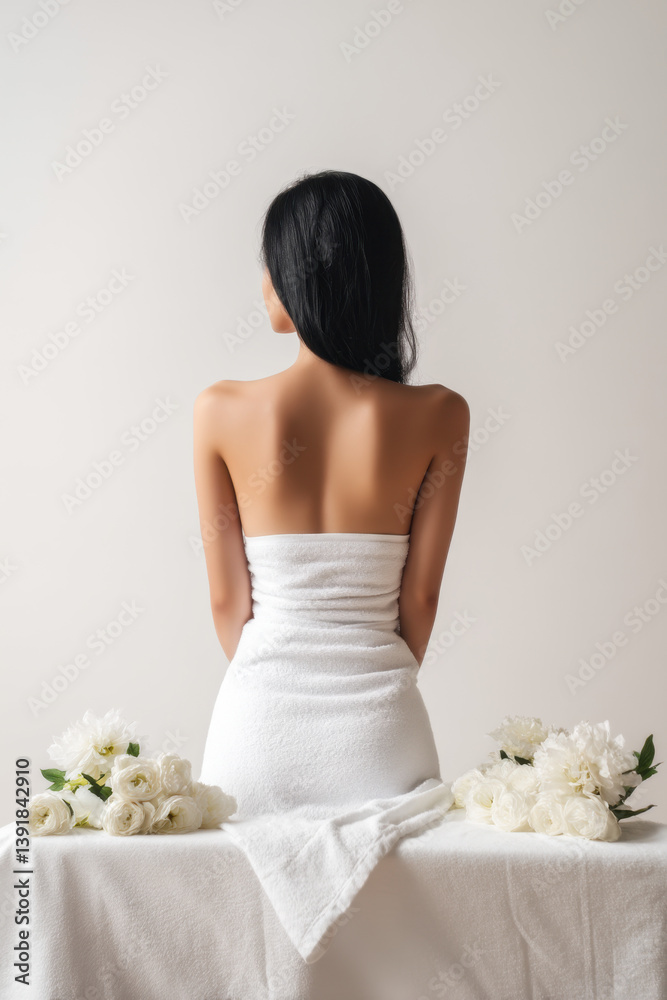 A beautiful woman stands with her back facing the viewer, wrapped in a towel, surrounded by delicate white flowers in a calm atmosphere A beautiful woman stands with her back facing the viewer, wrapped in a towel, surrounded by delicate white flowers in a calm atmosphere