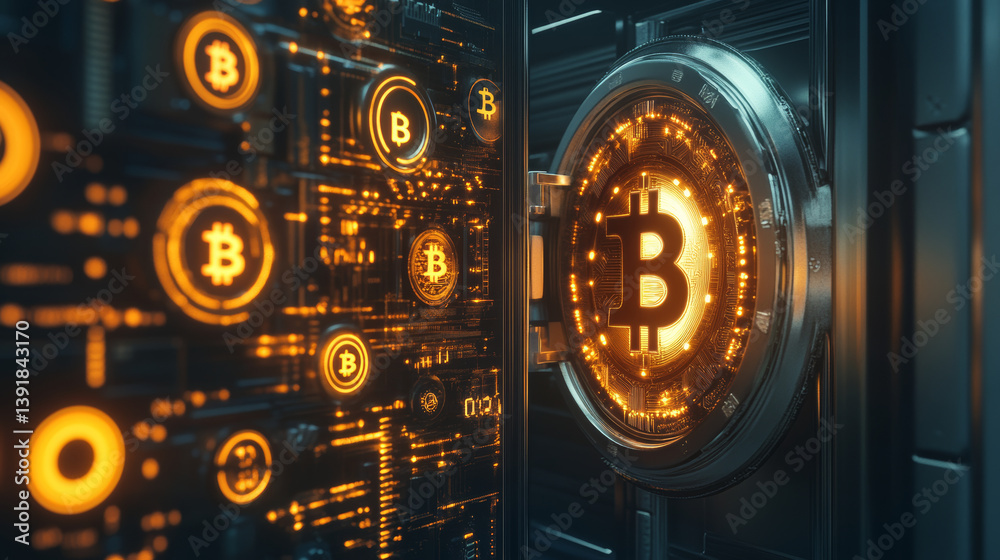 Fototapeta premium Exploring bitcoin security cryptocurrency vault digital finance technology high-tech environment close-up view blockchain concept