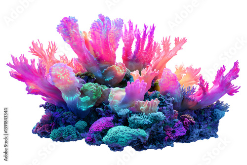 Fototapeta Naklejka Na Ścianę i Meble -  Bright neon coral reef with glowing pink purple and turquoise soft corals isolated on transparent background