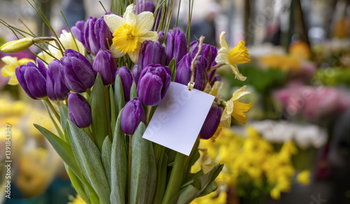 Obraz na płótnie Brightly colored bouquet featuring purple tulips and yellow daffodils displayed at a lively market in spring w salonie