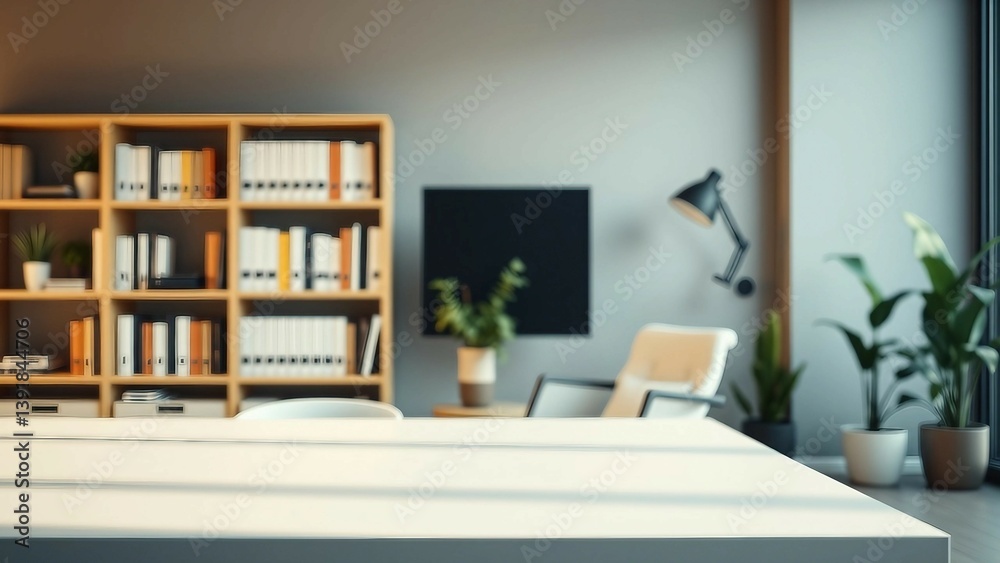 A zoom background photo of a minimalist modern office with a bookshelf and plants A zoom background photo of a minimalist modern office with a bookshelf and plants