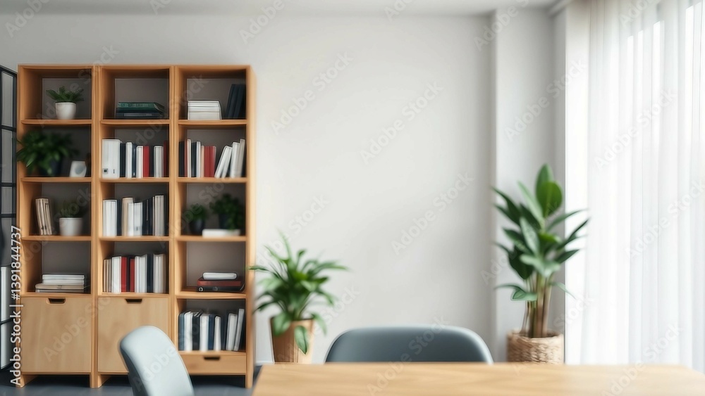 A zoom background photo of a minimalist modern office with a bookshelf and plants