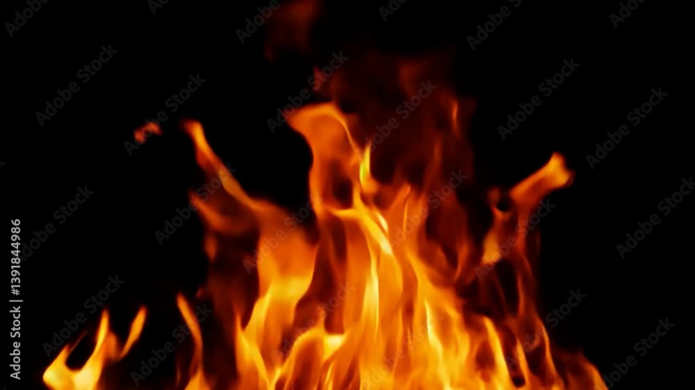 Dramatic Close-Up of Blazing Fire Flames on Black Backdrop for Visual Effects and Compositing Dramatic Close-Up of Blazing Fire Flames on Black Backdrop for Visual Effects and Compositing