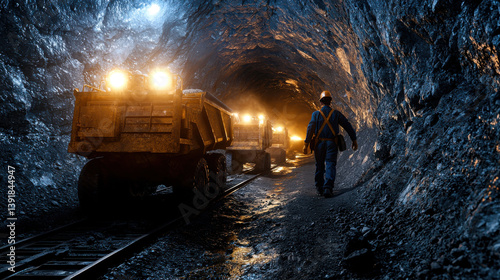 mining engineer inspects underground tunnel with heavy machinery, showcasing industrial environment and teamwork