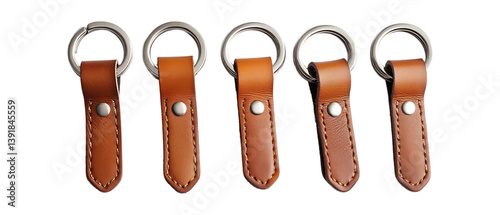 Pack of Leather Keychain set of Five Different Poses set Against Transparent Background for Accessories, Fashion, or Gift Promotion Projects photo