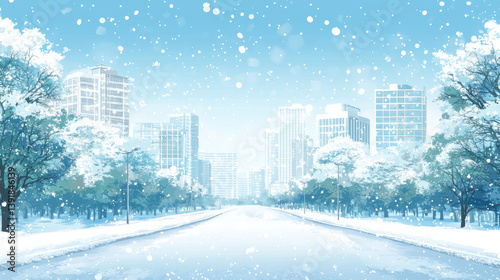 serene winter cityscape with snow covered trees, buildings, and clear road under snowy sky