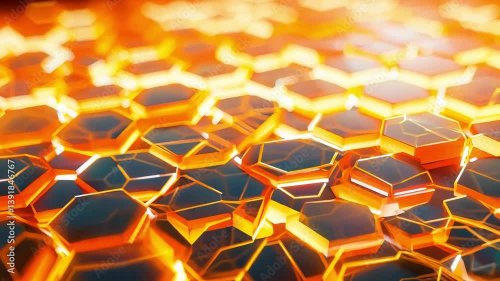 Futuristic hexagon honeycomb background surface with glowing neon light. cyclic technology motion background animation styles. Advertisement background.
