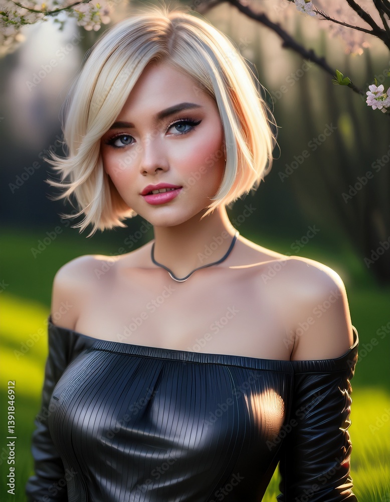 Naklejka premium portrait of a blonde woman with short hair wearing a low cut black leather top in the park in spring, fashion photography
