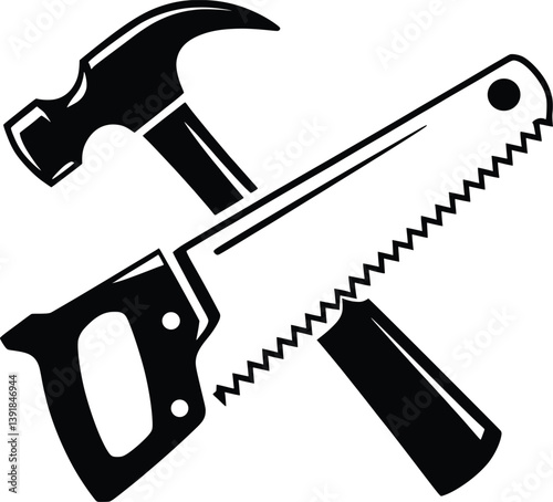 Crossed Hammer and Saw Silhouette Icon for Carpentry and Tools
