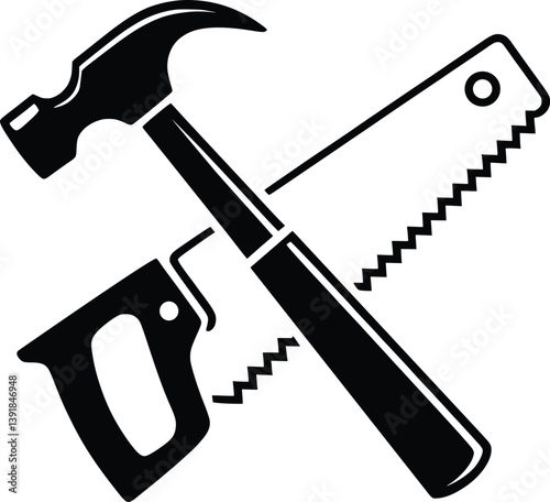 Crossed Hammer and Saw Silhouette Icon for Carpentry and Tools