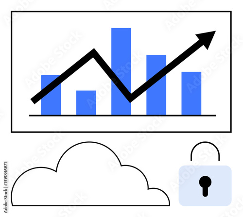 Bar chart with upward arrow suggests growth or success. Cloud and lock elements imply secure storage or online data protection. Ideal for technology, online safety, cybersecurity, finance, business
