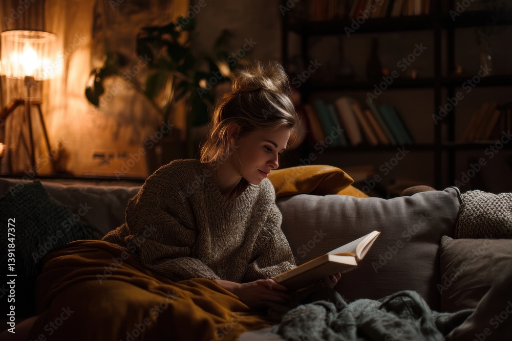 Fototapeta premium Young Woman Reading on a Cozy Sofa with Warm Ambient Light. Generative AI.