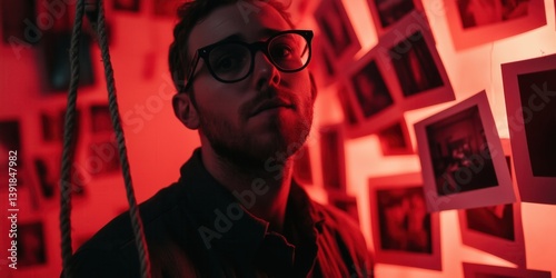 Silhouette of a photographer developing photos in a dark room. Man hanging printed photos in red lighted room. Old style photography.