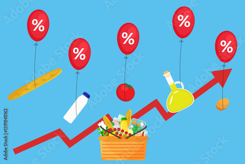 Infographic vector illustration of grocery food and drink main products fluying on tax rate balloons with red arrow rising up. Living cost inflation and budget planning.