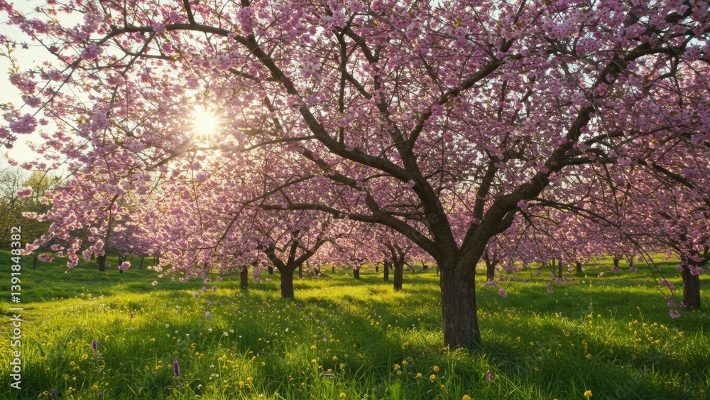 A serene landscape of cherry trees in bloom on a sun-drenched meadow. A serene landscape of cherry trees in bloom on a sun-drenched meadow.