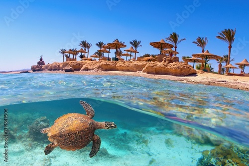 Tropical coral reef sea turtle. Beach with palms and sun umbrelas on the background, Red Sea, Egypt