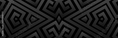Geometric satin black background, tribal cover design, banner. Greek 3D pattern, meander. Embossing, relief texture, fresco. Ornaments of the East, Asia, India, Mexico, Aztec, Peru. Ethnic composition