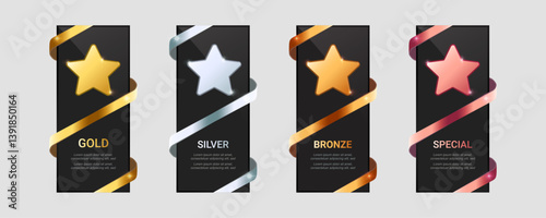 Metallic Star Awards on Black Trophy – Vector Set of Gold, Platinum, Silver, Bronze, and Special Color Badges with Ribbons for Winners and Champions