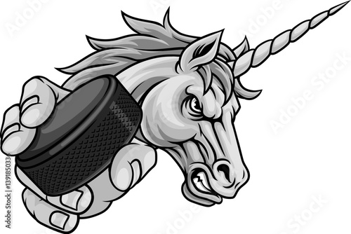 Unicorn horse stallion ice hockey angry sports team mascot holding a puck.