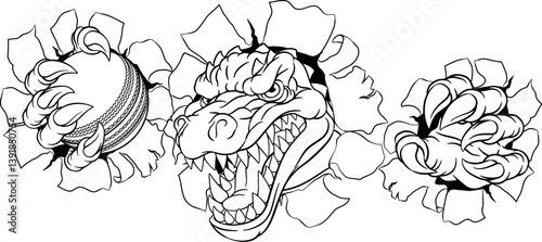 A crocodile, dinosaur or alligator lizard sports mascot holding a cricket ball