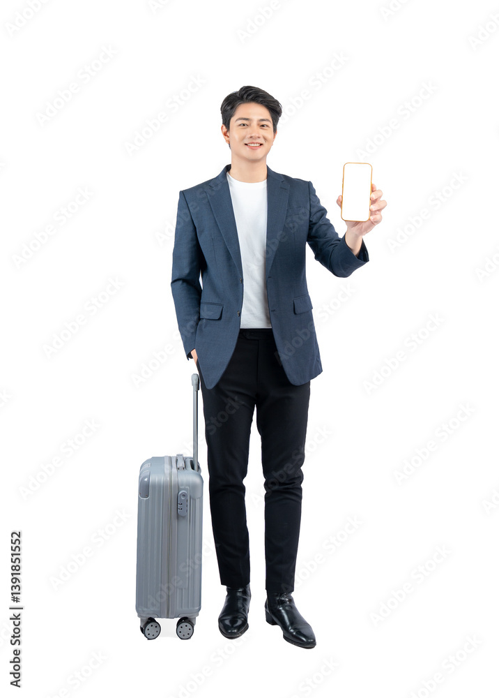 Full body image of young asian businessman pulling suitcase and using phone Full body image of young asian businessman pulling suitcase and using phone