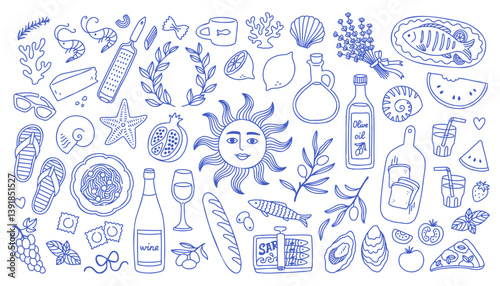 Mediterranean blue summer set. Hand drawn vintage doodle drawing. Family dinner, picnic, breakfast with wine, pasta and snacks. Dolce vita table setting drawings for cafe or restaurant menus design.