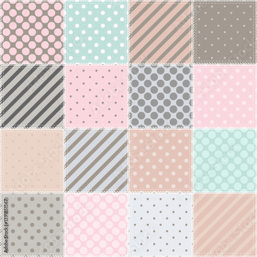 Patchwork print wallpaper background with different patterns quilting hobby craft handmade	