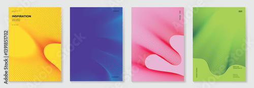 Abstract line wave gradient poster background vector set. Minimalist cover template with vibrant perspective line wave in motion. Ideal design for social media, cover, banner, flyer, music, ads.