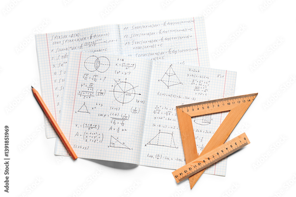 Obraz premium Copybook with handwritten maths formulas, pencil and rulers isolated on white background