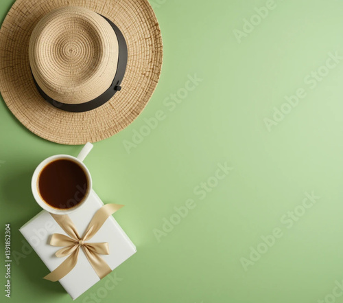 Gift box with ribbon, stylish hat, coffee mug, and glasses arranged on green surface