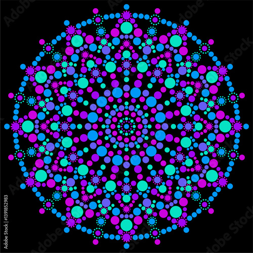 Dot painting beautiful mandala snowflake vector illustration multicolored on black background