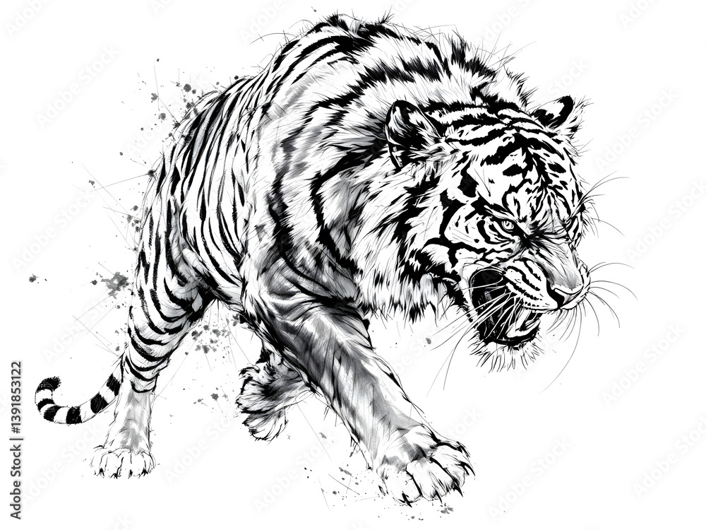 Obraz premium Aggressive White Tiger: A Monochromatic Masterpiece