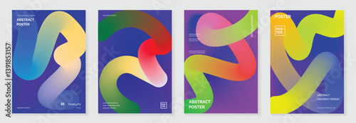 Abstract line wave gradient poster background vector set. Minimalist cover template with vibrant perspective line wave in motion. Ideal design for social media, cover, banner, flyer, music, ads.