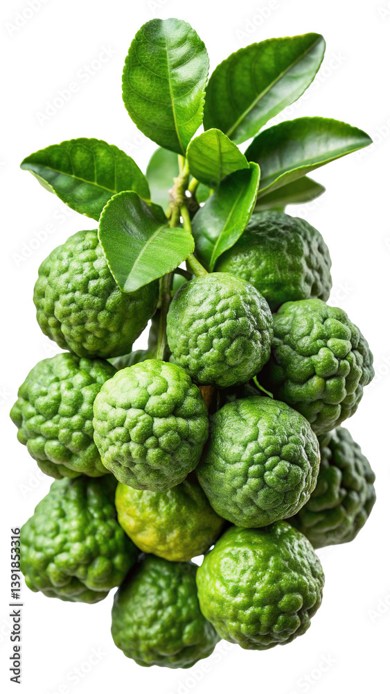 Obraz premium A Bunch of Fresh Green Kaffir Lime Fruits with Lush Leaves Isolated on Trensprent Background