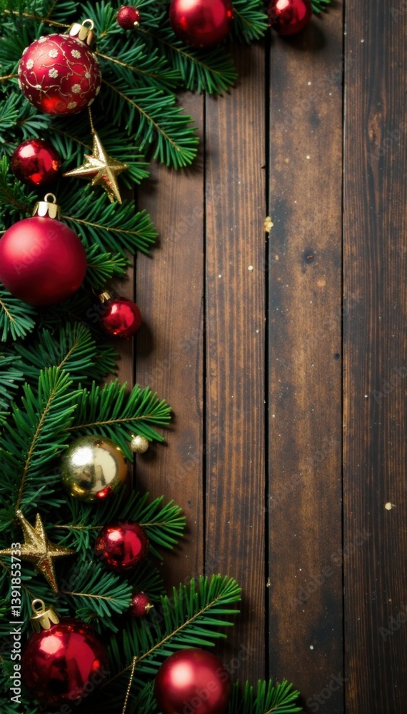Wooden background with Christmas ornaments and garland, festive, wooden background Wooden background with Christmas ornaments and garland, festive, wooden background