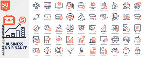 Business and Finance Icon Set Outline duotone  Style with blockchain, data analytics, making money, work place, business management, online banking, content management, global marketing
