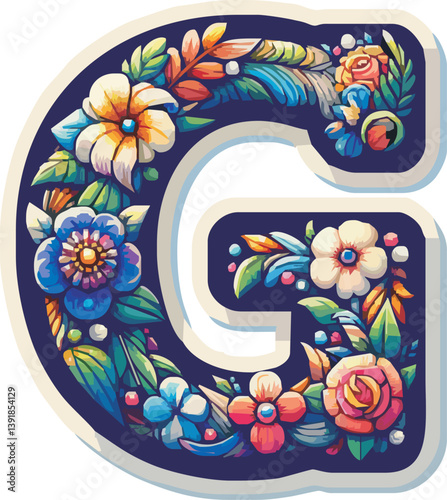 Doodle flower letter G. Floral element of colorful alphabet made from flowers	