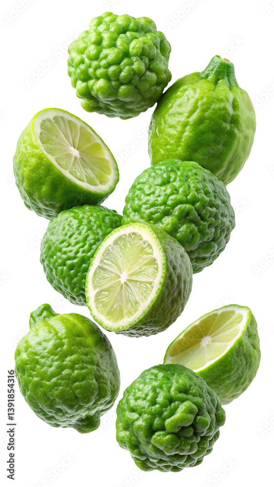 Obraz premium Floating Kaffir Lime Fruits and Halves Isolated on Trensprent Background