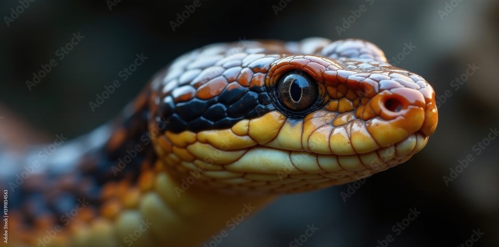 Snake's head with prominent scales, small eyes, and a thin neck, in a close-up view, wildlife, serpent, snake species Snake's head with prominent scales, small eyes, and a thin neck, in a close-up view, wildlife, serpent, snake species