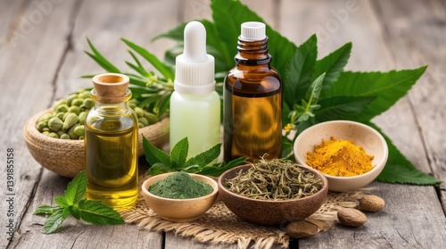 Aromatherapy and alternative medicine are represented by natural spa ingredients and a bottle of herbal extract oil, all within a Thai Spa theme on a shabby wooden background with an ayurvedic